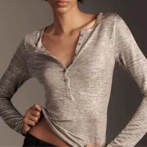 NWT Anthro Pilcro Andie Ribbed Shine Edition LS Henley Top, Metallic Silver, XS
